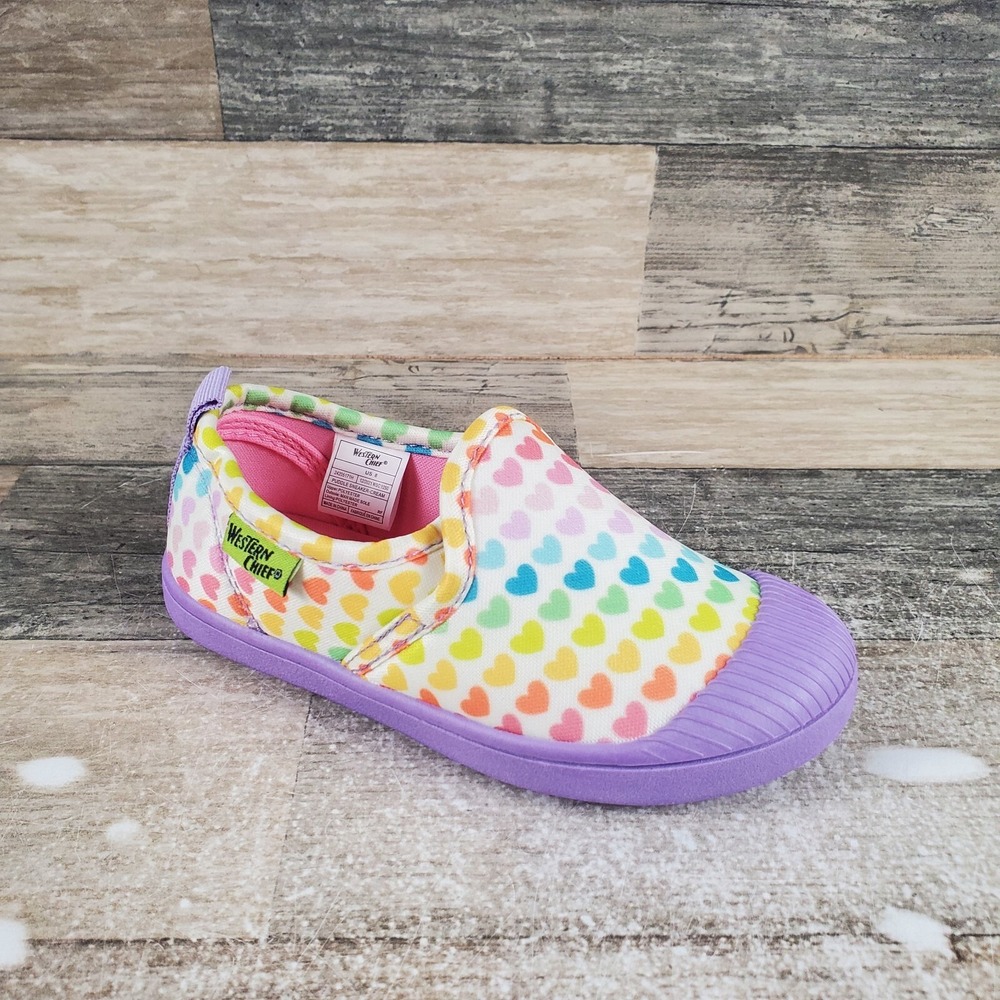 Western Chief Puddle Girls Shoes Sz 8 White Multi Heart Print Slip On Sneakers